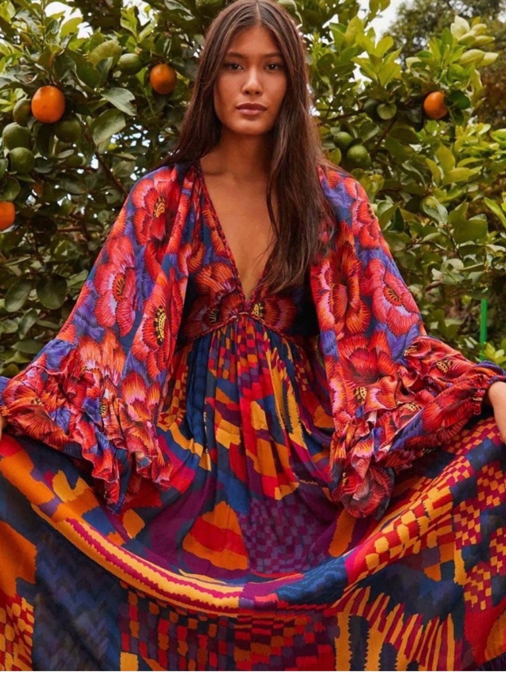 FARM Rio Red and Blue Floral & Geometric Maxi Dress